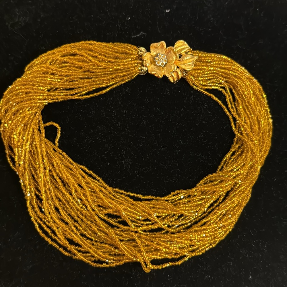 Vintage Gold colored seed bead statement Necklace  with beautiful flower clasp